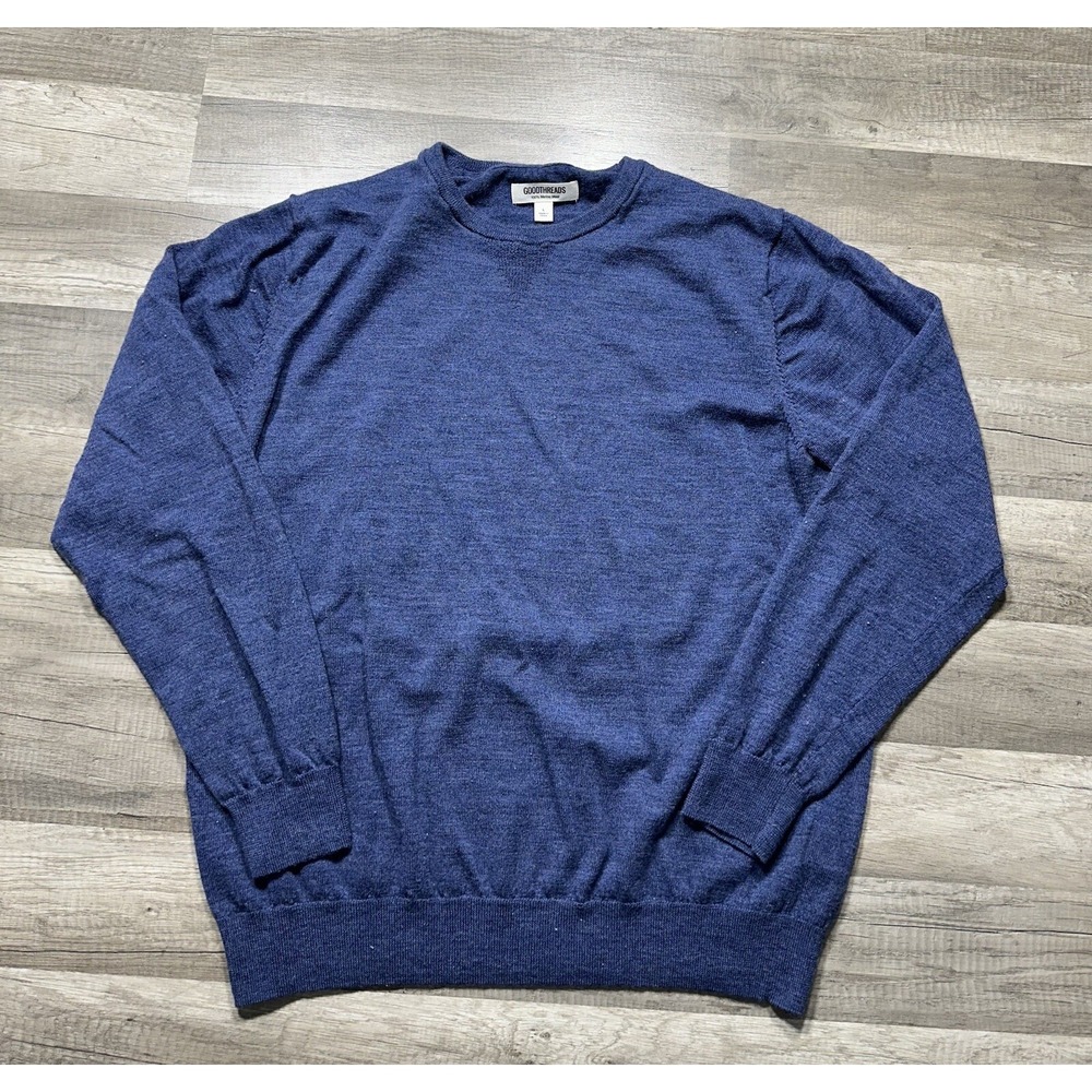 Goodthreads Mens Sweater‎ 100% Merino Wool Crewneck Large Blue Long Sleeve